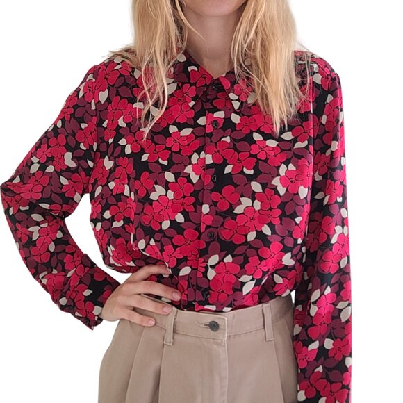 Bright Magenta/Purple Floral AOP Kathy Ireland Button-Down Blouse womens XL EUC - Picture 1 of 11